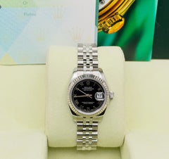 Rolex Ladies Datejust 179174 Black Roman Dial 18k Gold Steel Jubilee Box Paper