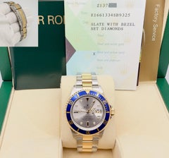 2007 Rolex Submariner Blue 16613 Silver Serti Diamond Dial 18k Gold Steel Papers