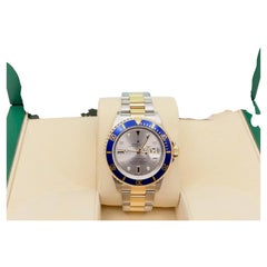 2007 Rolex Submariner Blue 16613 Silver Serti Diamond Dial 18k Gold Steel Papers