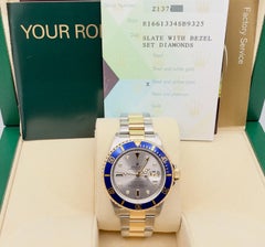 2007 Rolex Submariner Blue 16613 Silver Serti Diamond Dial 18k Gold Steel Papers