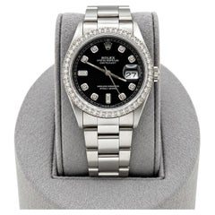 Rolex Datejust 16220 36 mm, quadrante nero con diamanti a baguette, lunetta con diamanti, acciaio