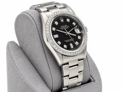 Rolex Datejust 16220 36 mm, quadrante nero con diamanti a baguette, lunetta con diamanti, acciaio