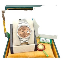 Rolex Date 15210 34mm Salmon Arabic Dial Engine Turned Bezel Steel Box Paper
