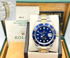 2002 Rolex Submariner Blue 16613 40mm 18k Yellow Gold Stainless Steel Box Papers