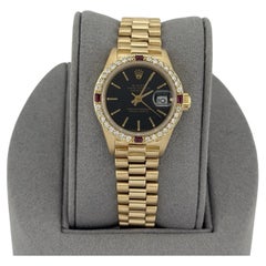 Rolex Ladies President Datejust 6917 Black Dial 18k Gold Diamond Ruby Bezel