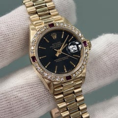 Rolex Ladies President Datejust 6917 Black Dial 18k Gold Diamond Ruby Bezel