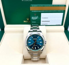 Rolex Milgauss 116400GV, grünes Glas, Z-Blue-Zifferblatt, Edelstahl, Originalverpackung, Papiere, Aufkleber