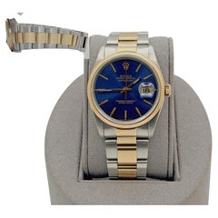 Rolex Datejust 16203, 36 mm, werkseitiges blaues Zifferblatt, 18 Karat Gelbgold, Edelstahl