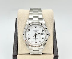 2004 Rolex Date 15210 34mm White Arabic Dial Engine Turned Bezel Steel Box Paper