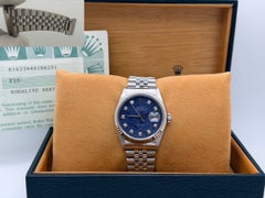 Rolex Datejust 16234 36mm Blue Sodalite Diamond Dial 18k Gold Steel Box Paper