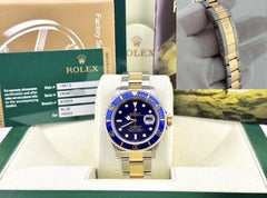 2007 Rolex Submariner Date Blue 16613 40mm Blue Dial 18k Gold Steel Box Paper