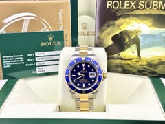 2007 Rolex Submariner Date Blue 16613 40mm Blue Dial 18k Gold Steel Box Paper