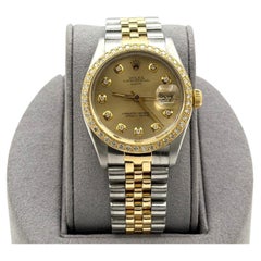 Rolex Date 15053 34mm Champagne Diamond Dial Diamond Bezel 18k Yellow Gold Steel