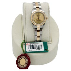 Rolex Ladies Oyster Perpetual 76243 24mm Champagne Dial 18K Yellow Gold Steel