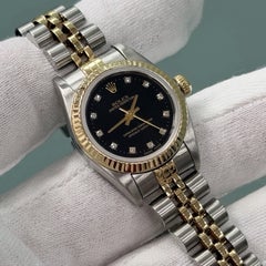 Rolex Ladies Oyster Perpetual 76193 Black Diamond Dial 18k Gold Steel Box Paper