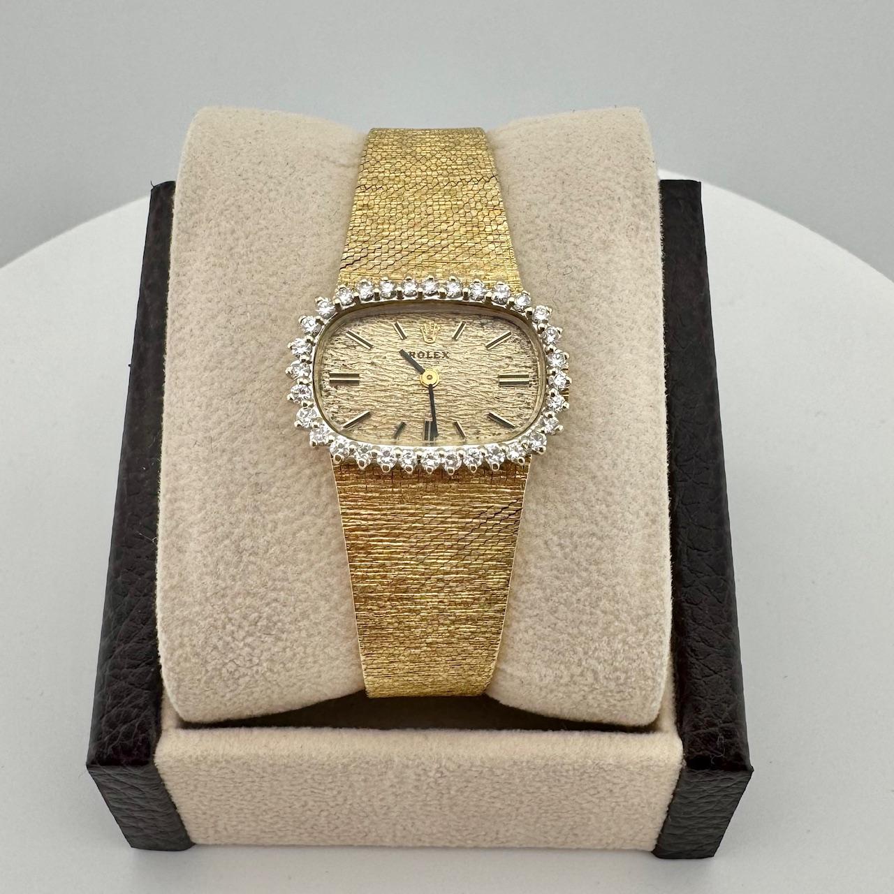 Round Cut Rolex Vintage Ladies Cocktail 8365 14K Yellow Gold Diamond Watch For Sale