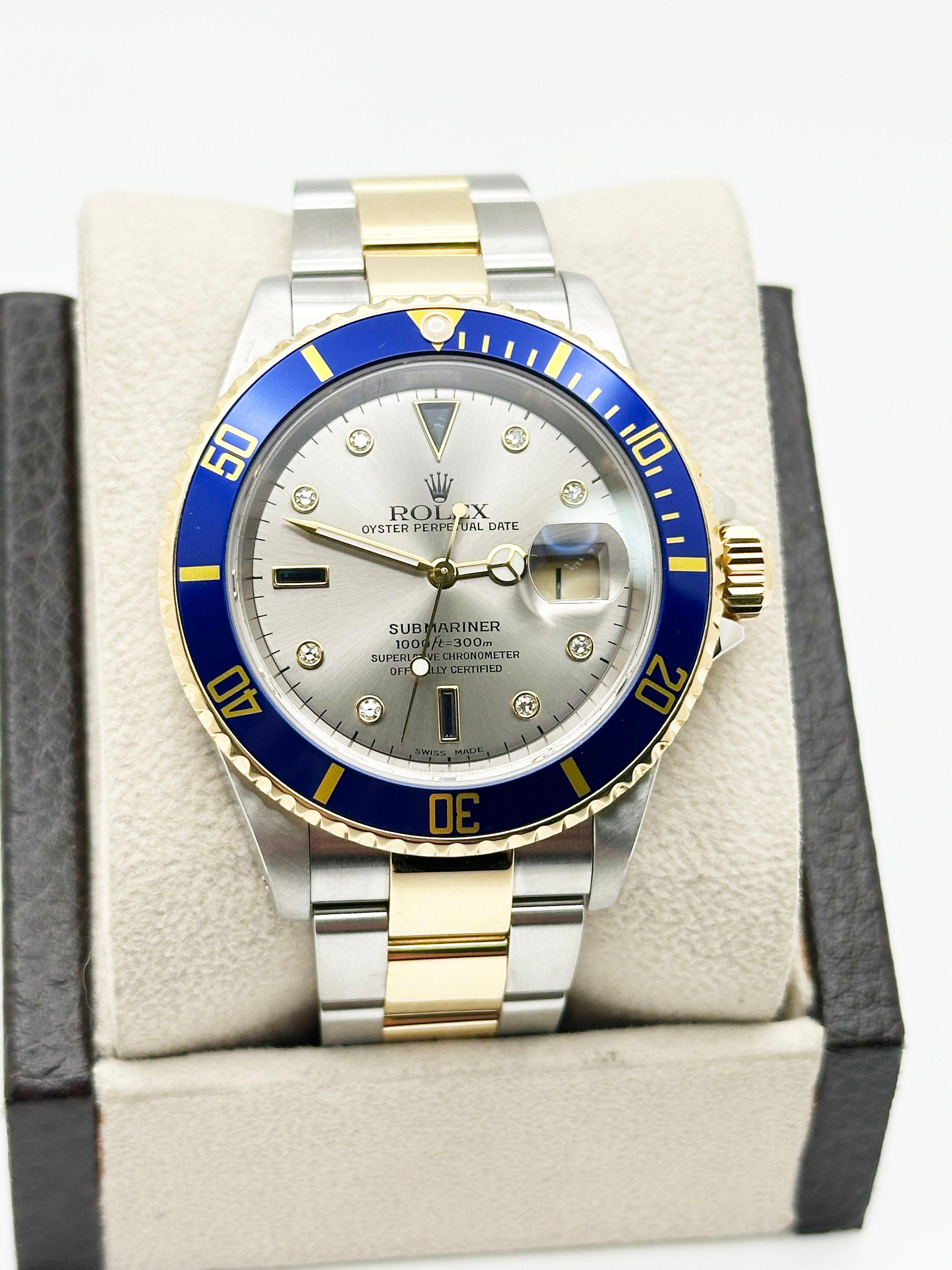 Rolex Submariner Blue 16613 Silver Serti Dial Diamond Sapphire Steel 18K Gold