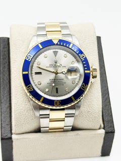 Rolex Submariner Blue 16613 Silver Serti Dial Diamond Sapphire Steel 18K Gold