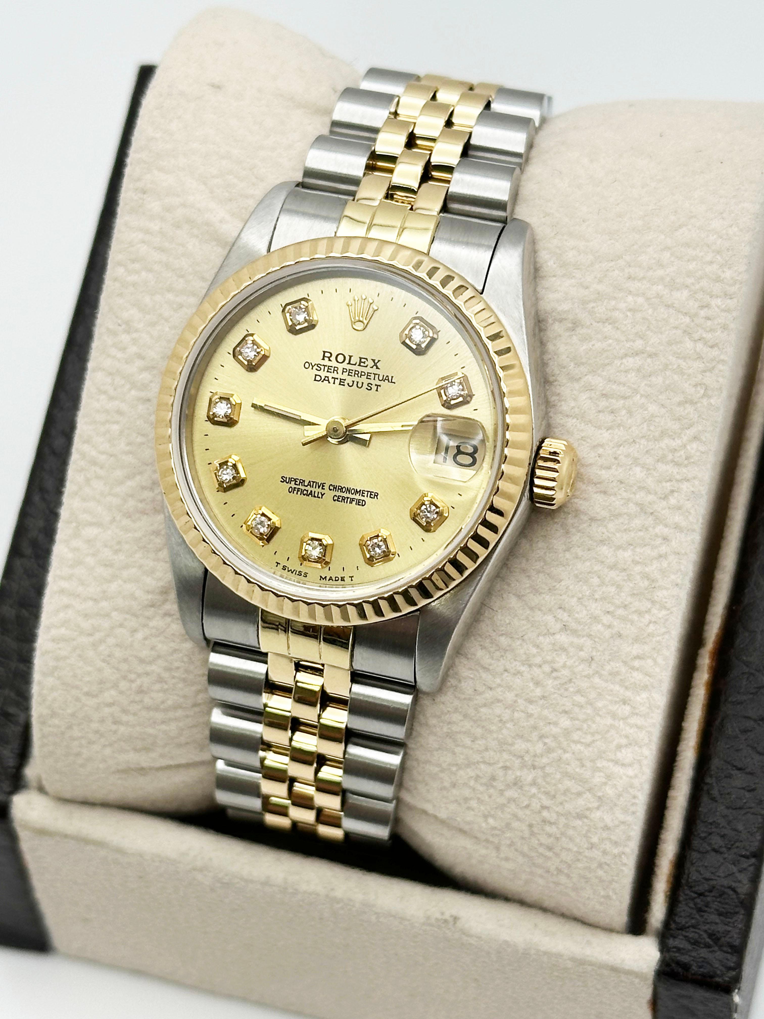 Rolex Datejust Midsize 68273 31mm Champagne Cadran diamant Or jaune 18K Acier Excellent état - En vente à San Diego, CA