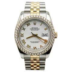 Rolex Datejust 116233 36mm White Roman Dial Diamond Bezel 18k Yellow Gold Steel