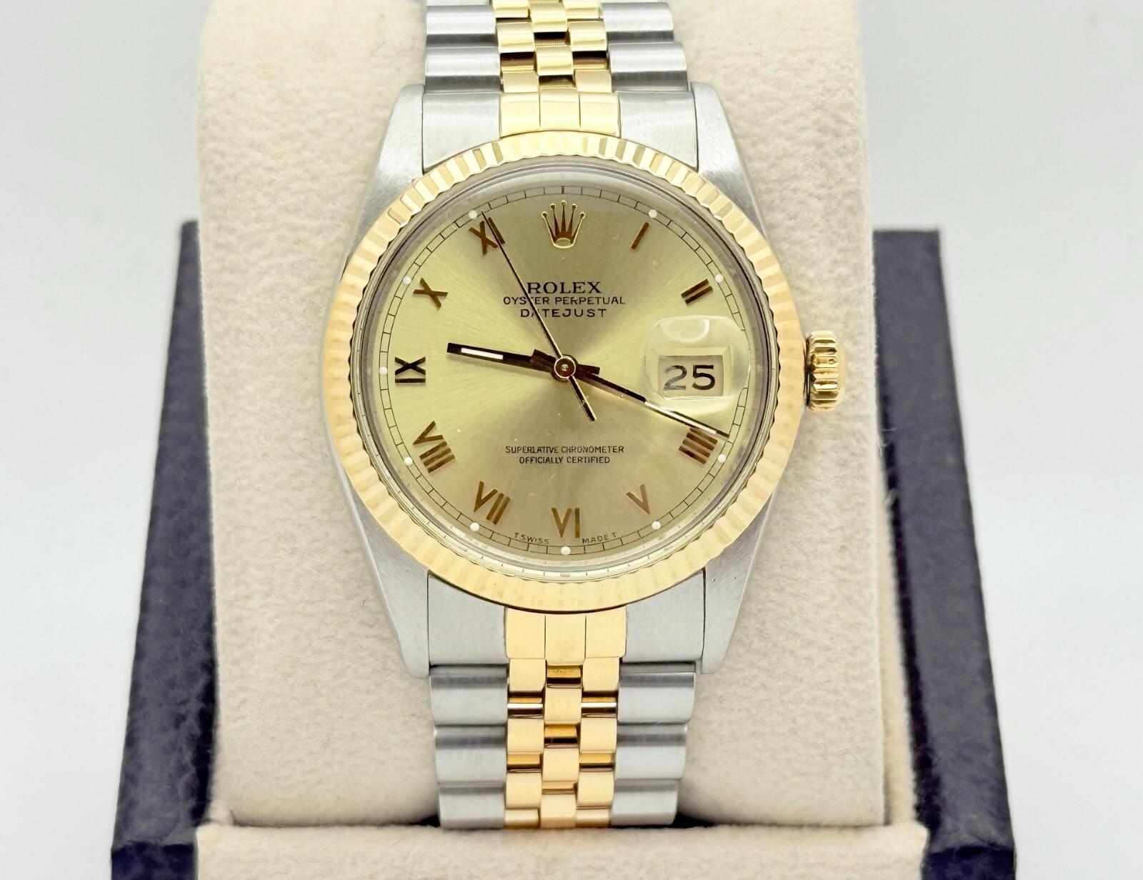 Rolex Datejust 16013 Champagne Cadran romain Or jaune 18K Acier Boîte Papier 36mm