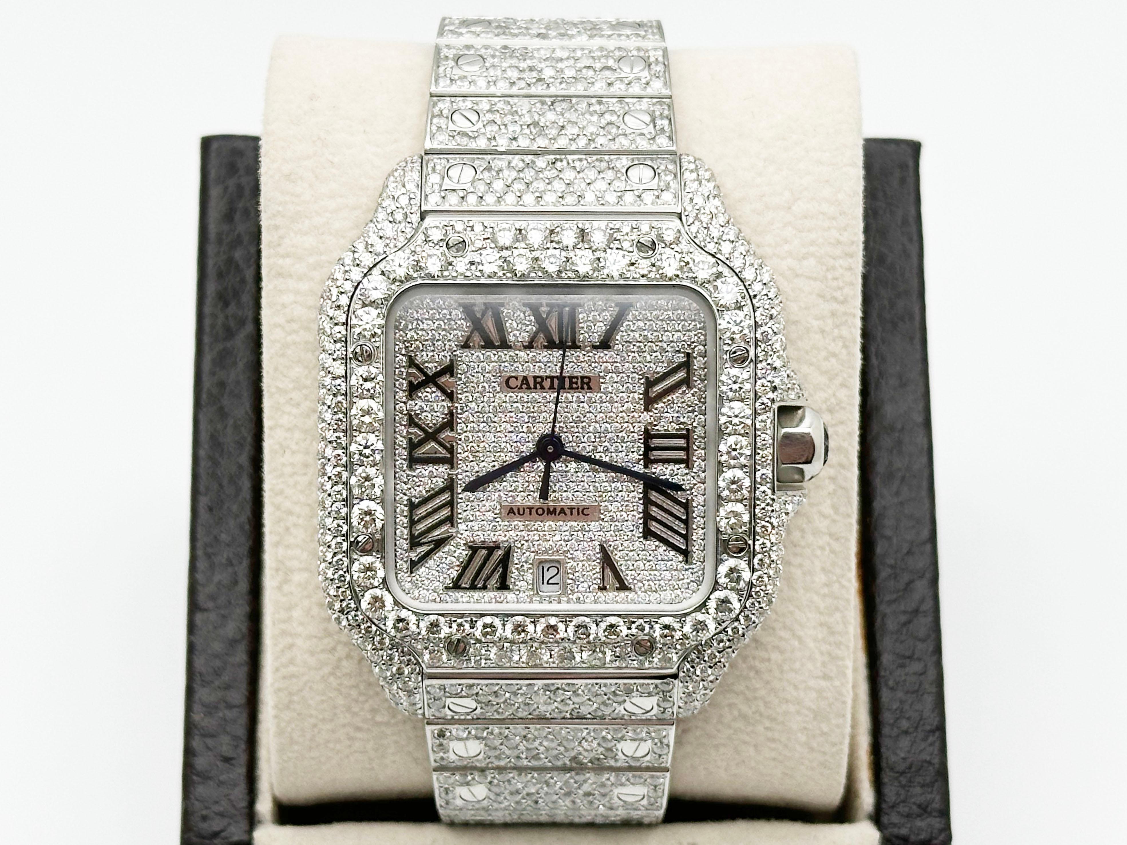 Cartier Santos Ref 4072 WSSA0018 Quadrante con diamanti Banda con diamanti Cassa in acciaio Scatola di carta in vendita