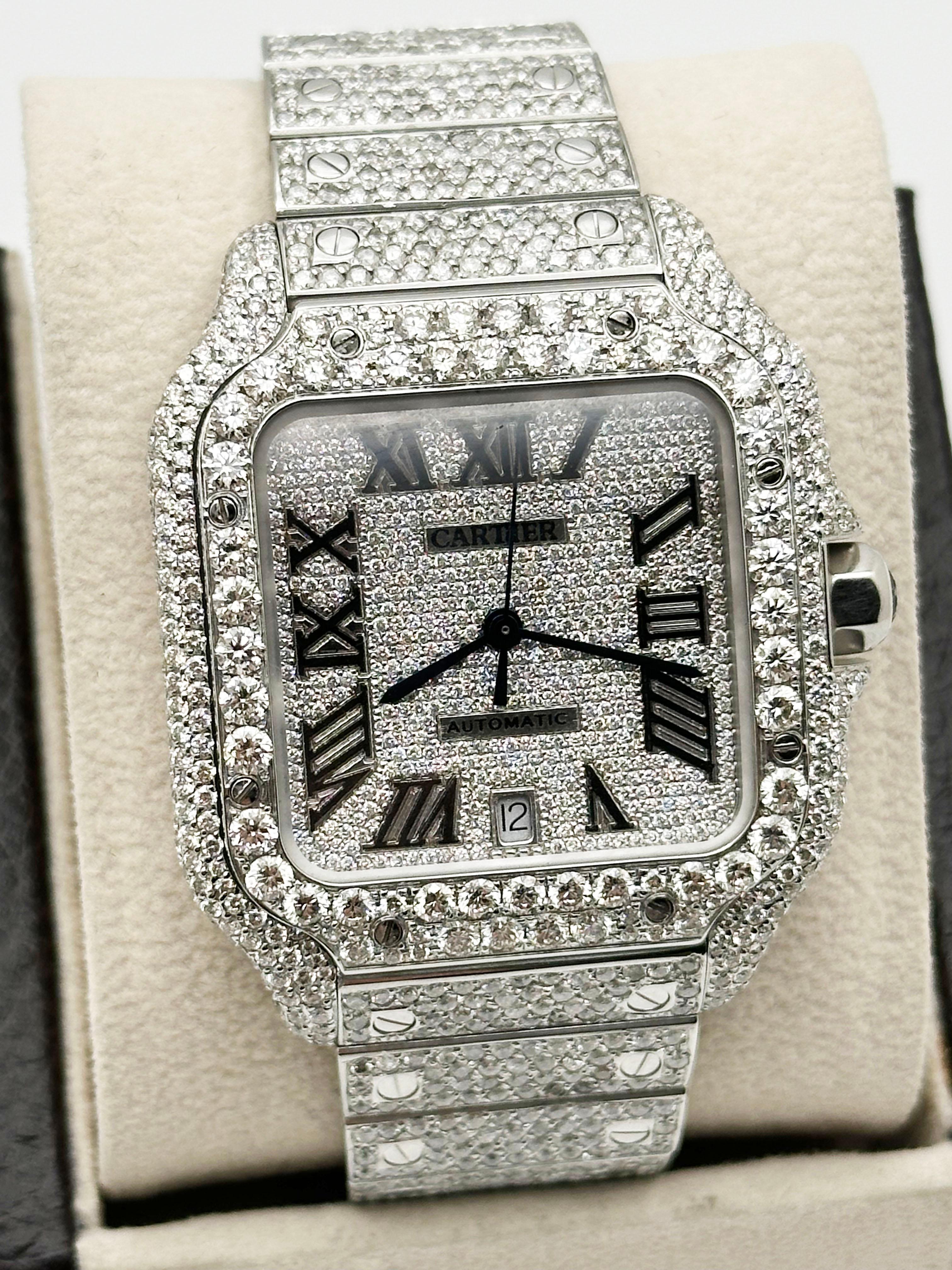 Cartier Santos Ref 4072 WSSA0018 Quadrante con diamanti Banda con diamanti Cassa in acciaio Scatola di carta in vendita 1