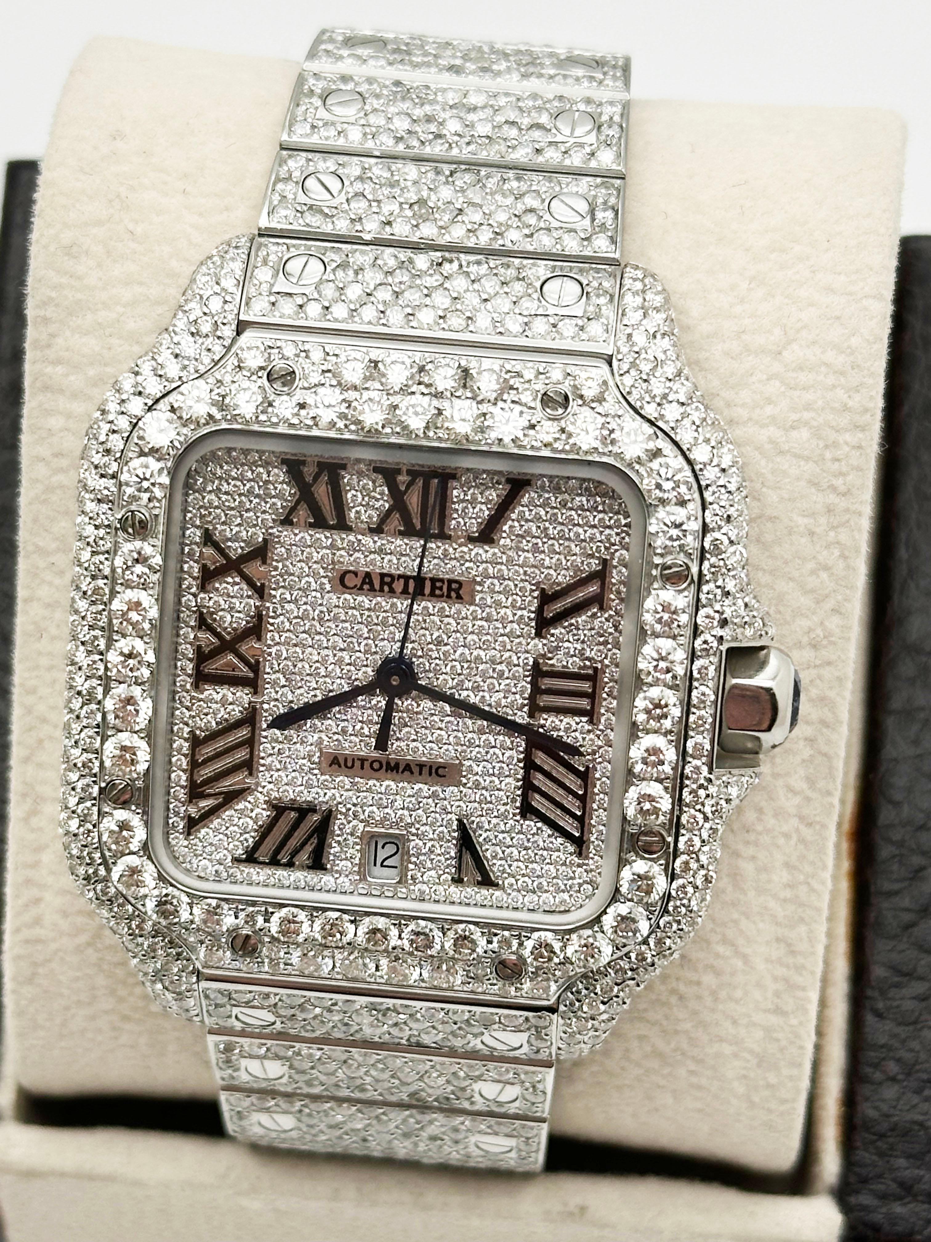 Cartier Santos Ref 4072 WSSA0018 Quadrante con diamanti Banda con diamanti Cassa in acciaio Scatola di carta in vendita 2