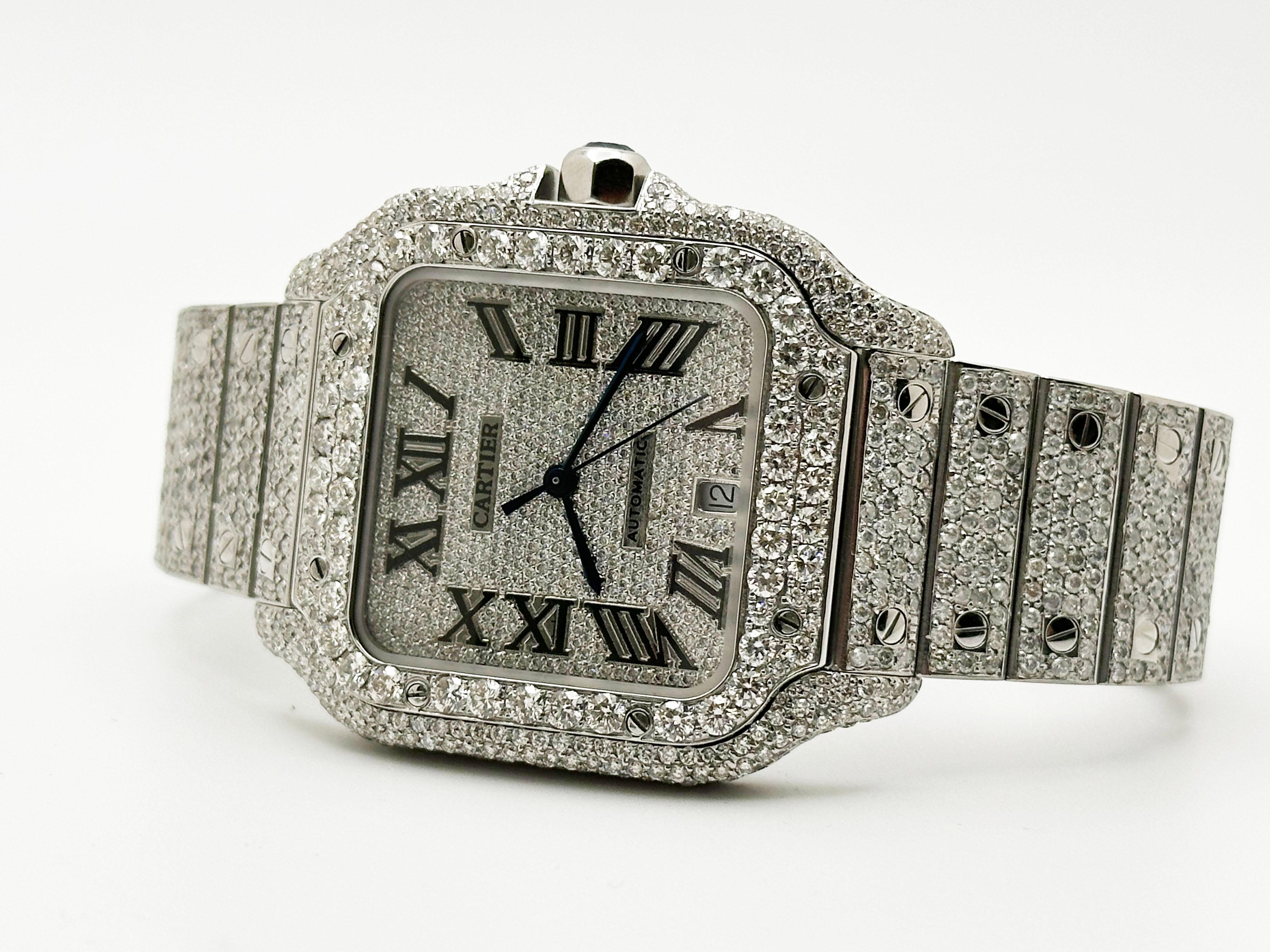 Cartier Santos Ref 4072 WSSA0018 Quadrante con diamanti Banda con diamanti Cassa in acciaio Scatola di carta in vendita 7