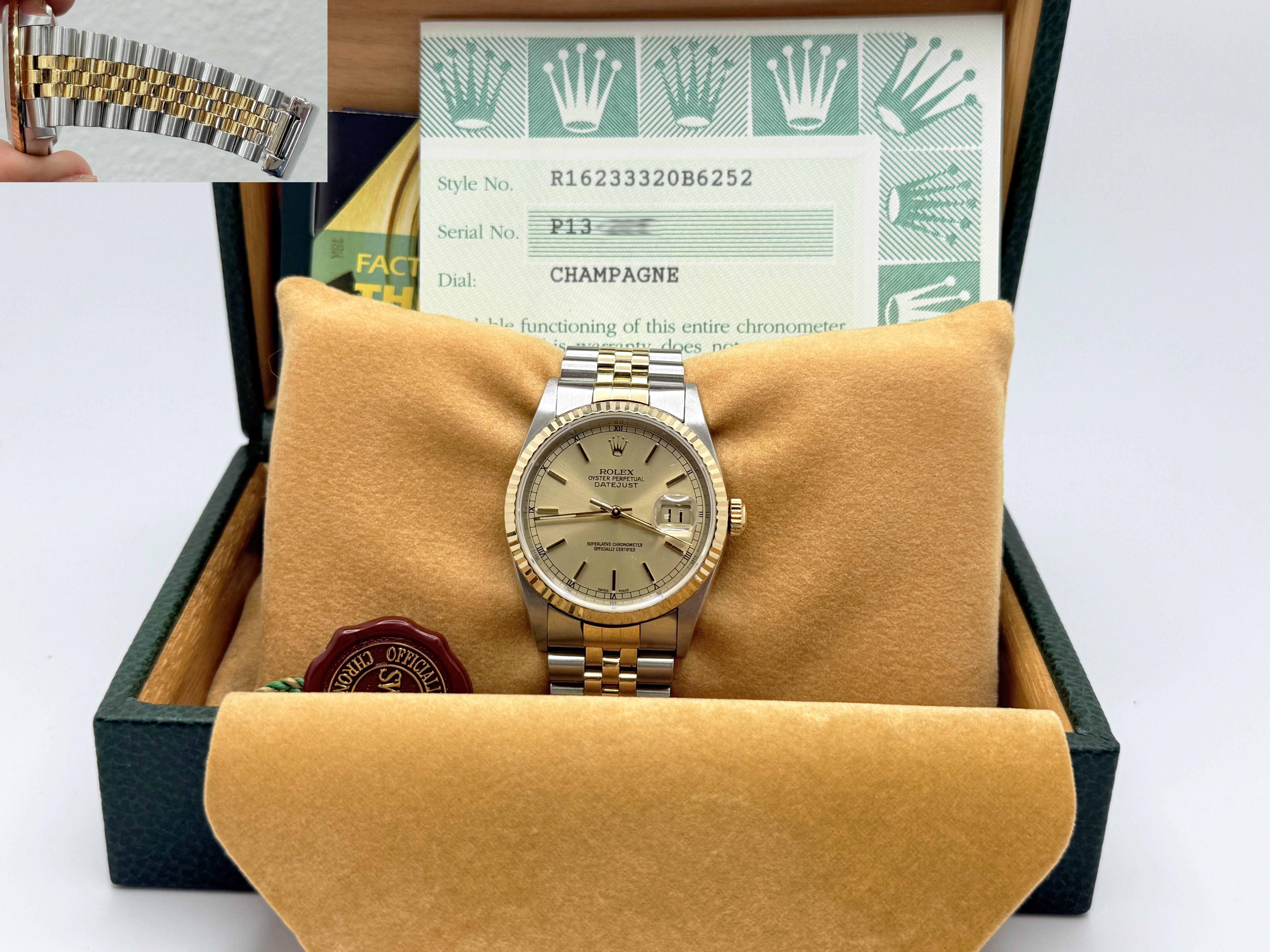 Numero di stile: 16233

Seriale: P13****

Anno: 2000

Model: Rolex Datejust

Materiale della cassa: Acciaio inossidabile

Fascia: Fascia giubilare in oro giallo 18 carati e acciaio inossidabile

Lunetta: lunetta scanalata in oro giallo 18