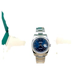 Rolex Datejust 116200 36 mm, cadran bleu à chiffres romains, acier inoxydable, boîte et papiers d'origine