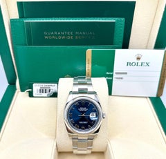 Rolex Datejust 116200 36 mm, cadran bleu à chiffres romains, acier inoxydable, boîte et papiers d'origine