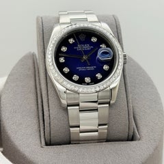 Rolex Datejust 116200 36 mm, quadrante blu con effetto vignetta e diamanti, lunetta con diamanti, acciaio