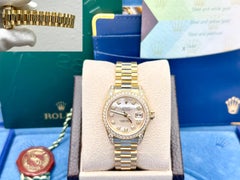 Rolex 179158 Damenuhr „President“ mit Perlmuttzifferblatt, Diamantbesatz, Lünette und Bandanstößen aus 18-karätigem Gold, inklusive Box und Papieren