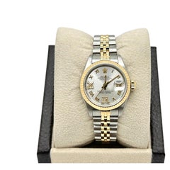Rolex Ladies Datejust 69173 26mm Silver Roman Diamond Dial 18k Yellow Gold Steel