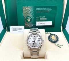2022 Rolex Date 115234 34mm Silver Diamond Arabic Dial 18K Gold Steel Box Paper