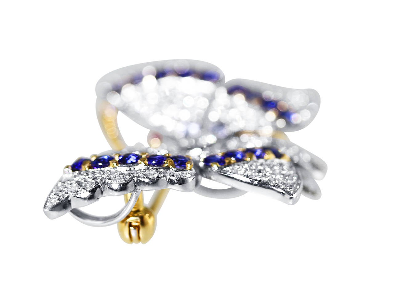 Sapphire Diamond Gold Platinum Butterfly Brooch In Excellent Condition In Atlanta, GA