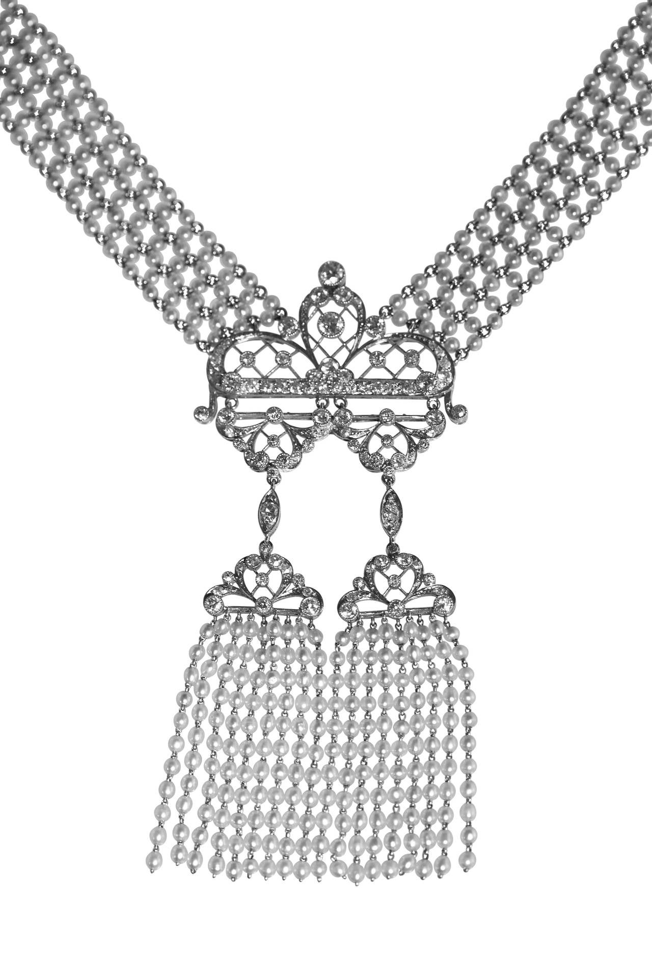 Edwardian Seed Pearl Diamond Platinum Sautoir Necklace In Excellent Condition In Atlanta, GA