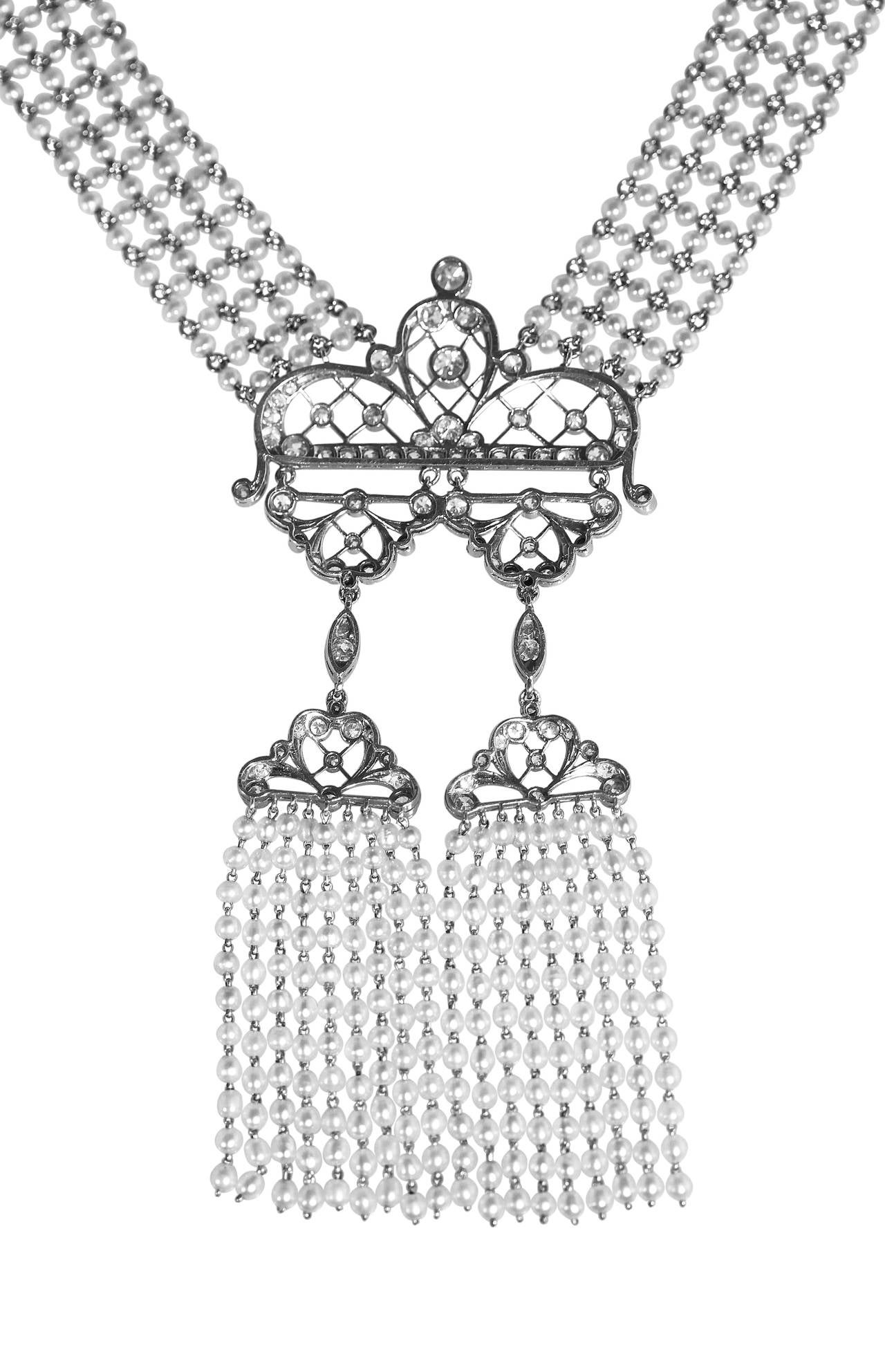 Women's Edwardian Seed Pearl Diamond Platinum Sautoir Necklace