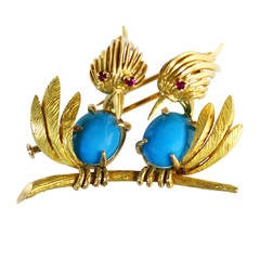 1960s Turquoise Ruby Gold Love Birds Brooch