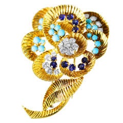 1960s Gubelin Turquoise Sapphire Diamond Gold Flower Brooch