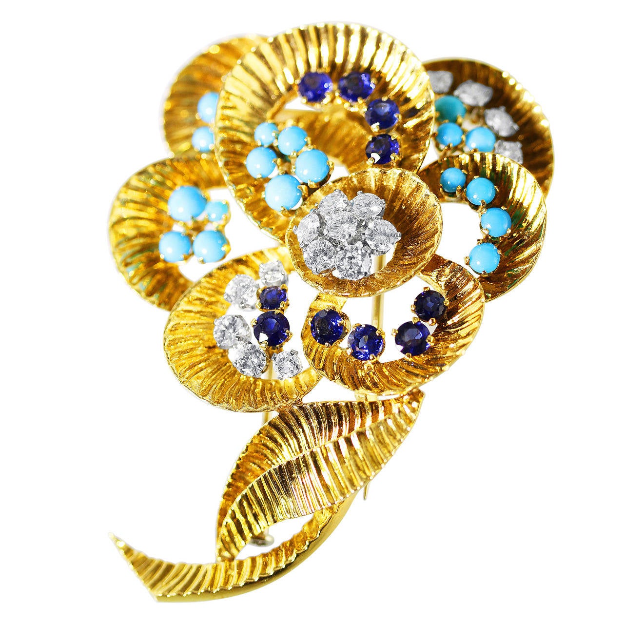 1960s Gubelin Turquoise Sapphire Diamond Gold Flower Brooch For Sale
