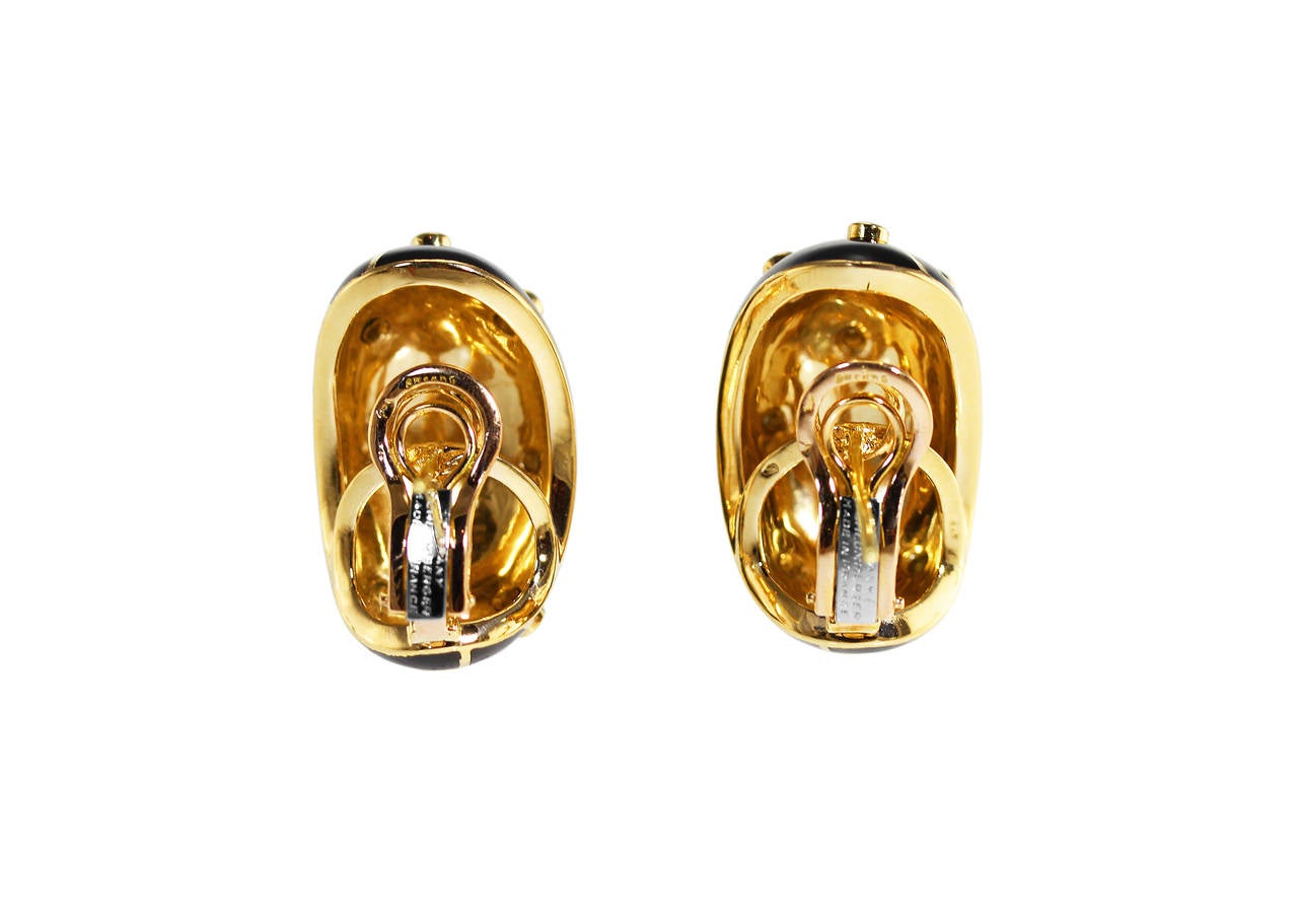Tiffany & Co. Schlumberger Black Paillonne Enamel Diamond Gold Earclips In Excellent Condition In Atlanta, GA