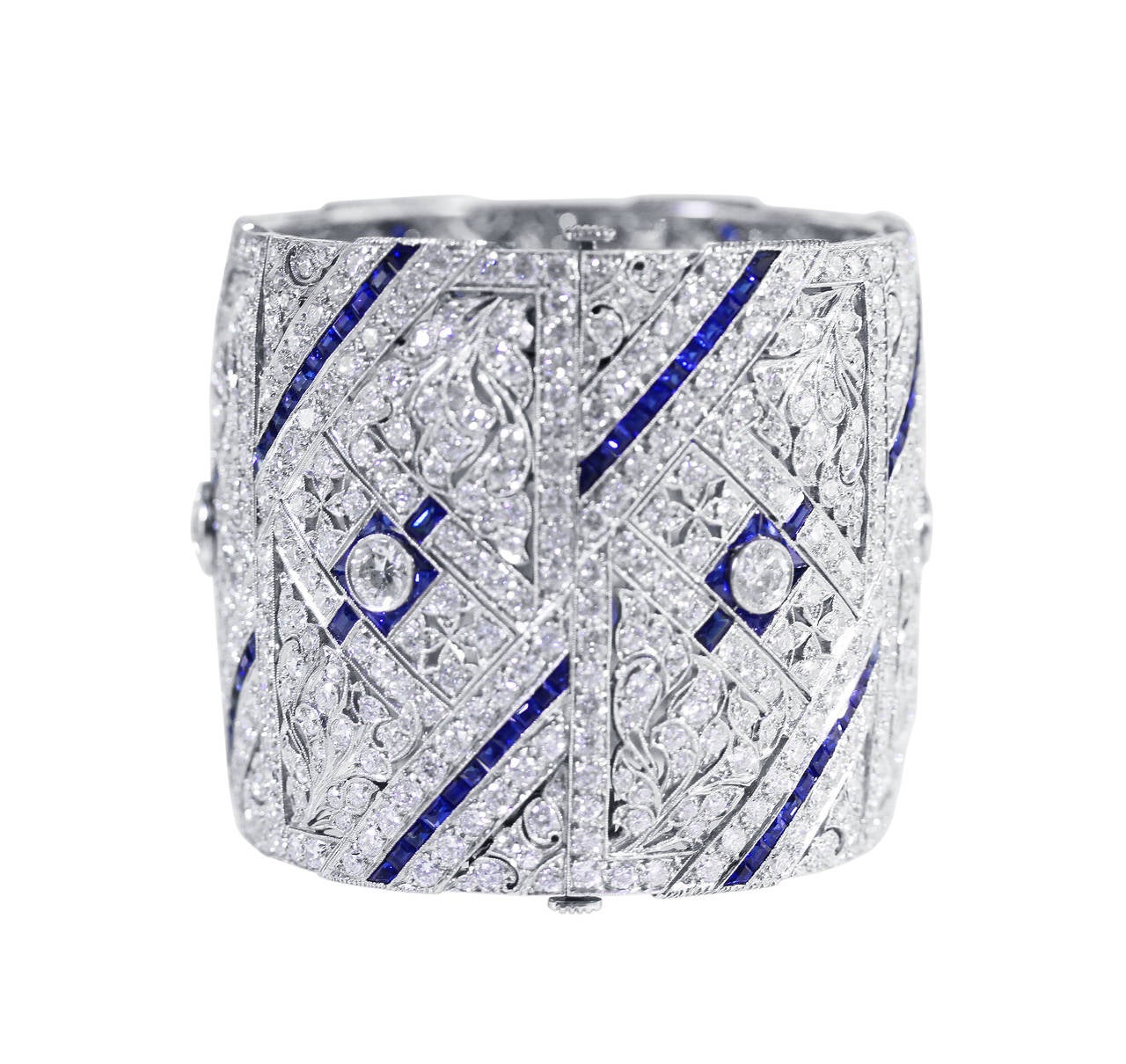 Art Deco Sapphire Diamond Platinum Floral and Geometric Design Bracelet In Excellent Condition In Atlanta, GA