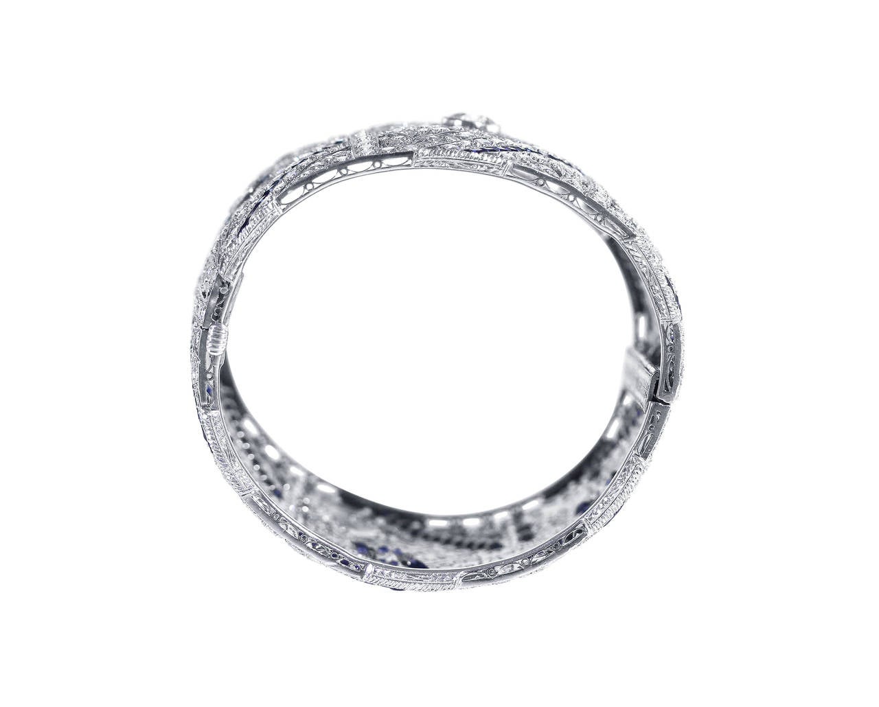 Art Deco Sapphire Diamond Platinum Floral and Geometric Design Bracelet 1