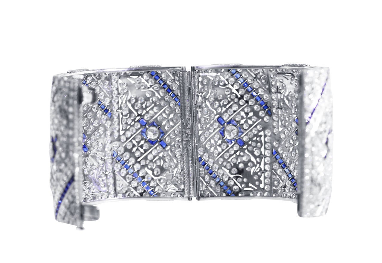 Art Deco Sapphire Diamond Platinum Floral and Geometric Design Bracelet 2