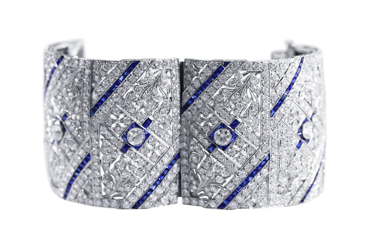 Art Deco Sapphire Diamond Platinum Floral and Geometric Design Bracelet 3