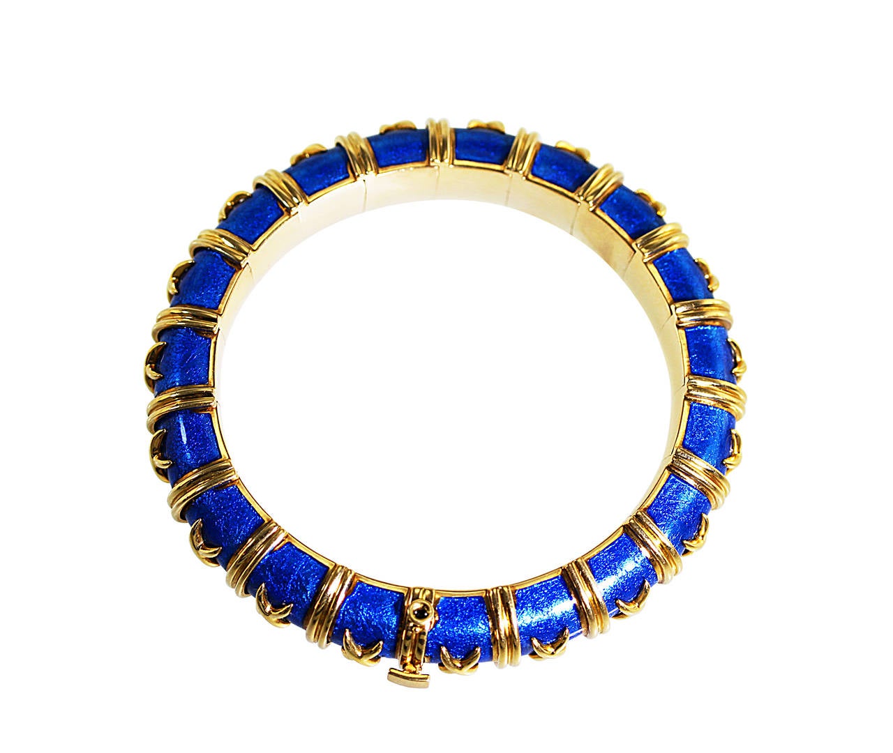 Tiffany & Co. Schlumberger Blue Paillonne Enamel Gold Croisillon Bangle Bracelet In Excellent Condition In Atlanta, GA
