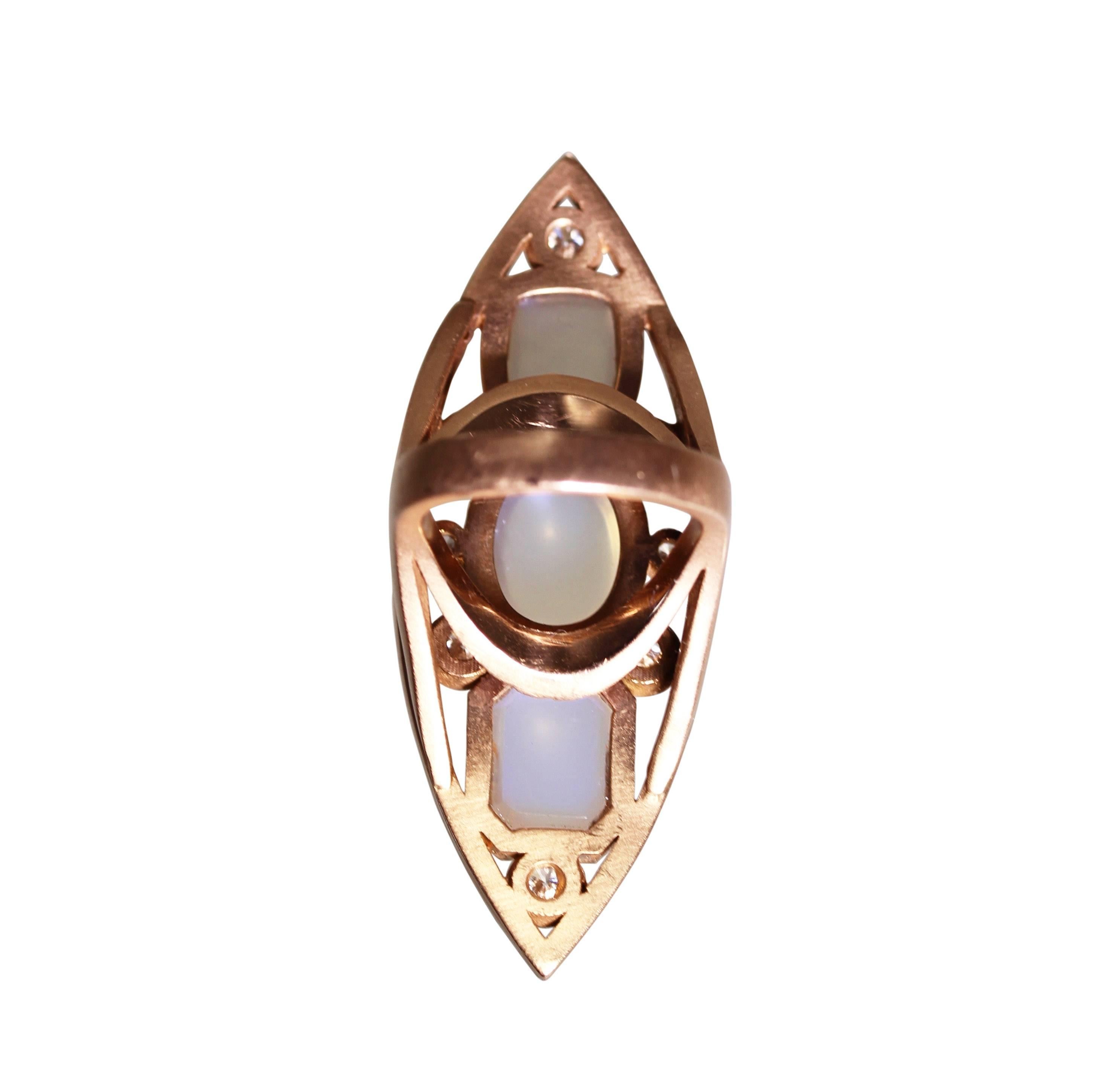 Women's or Men's Moonstone Diamond Gold Navette Ring