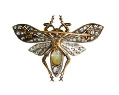 Antique Diamond Colored Stone Silver-Topped Gold Fly Brooch